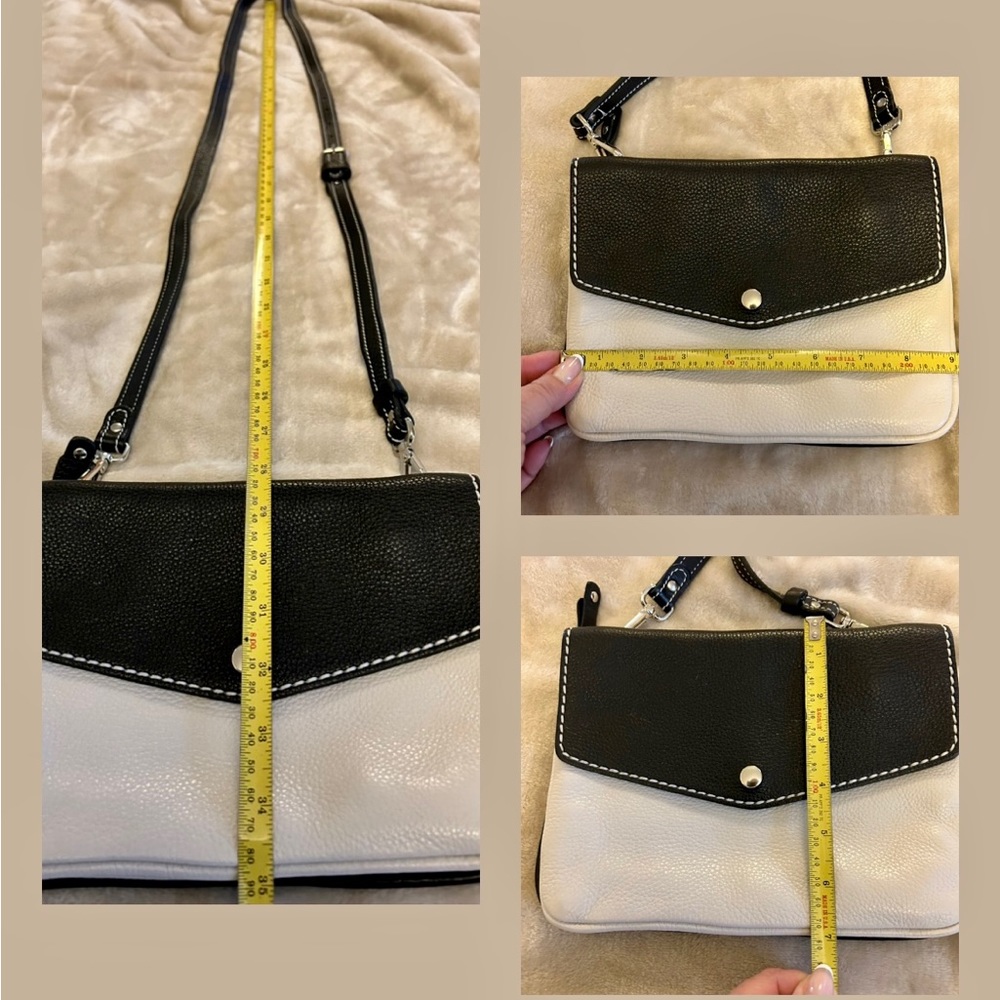 ROOTS Crossbody. Top Zip and Front flap, Adjustable strap Black and Off-white - Picture 7 of 7